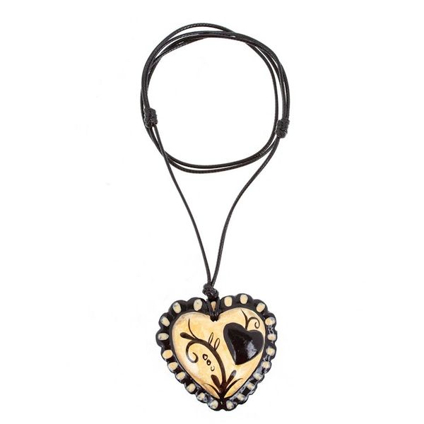 Alternate image for Hand Painted Black Beige Papier Mache Heart Necklace Two Loving Hearts