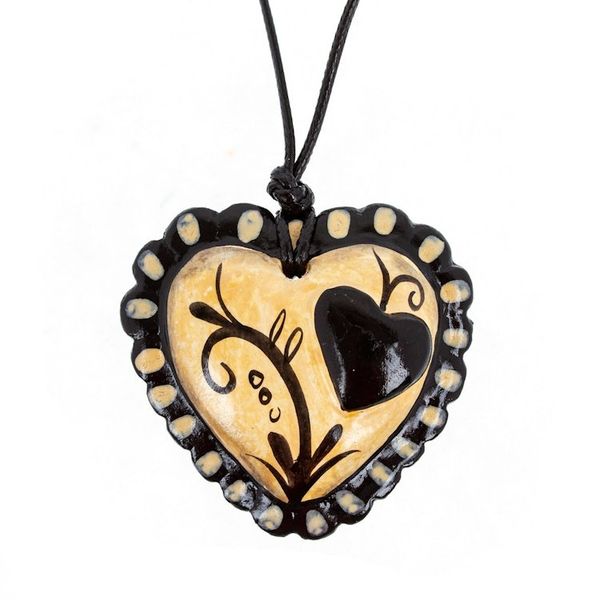 Alternate image for Hand Painted Black Beige Papier Mache Heart Necklace Two Loving Hearts
