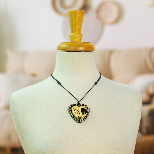 Alternate image for Hand Painted Black Beige Papier Mache Heart Necklace Two Loving Hearts