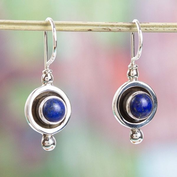 Alternate image for Taxco Sterling Silver and Lapis Lazuli Dangle Earrings Blue Lunar Shadow