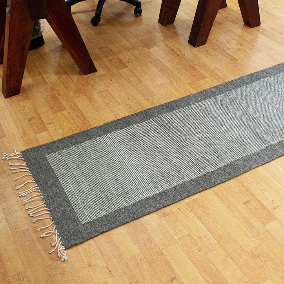 Grey and Ecru Wool Runner Rug from Oaxaca 'Fine Lines'