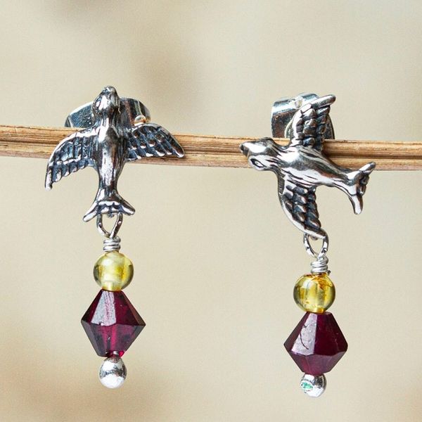 Alternate image for Bird Motif Garnet and Amber Earrings Swallows Treasure