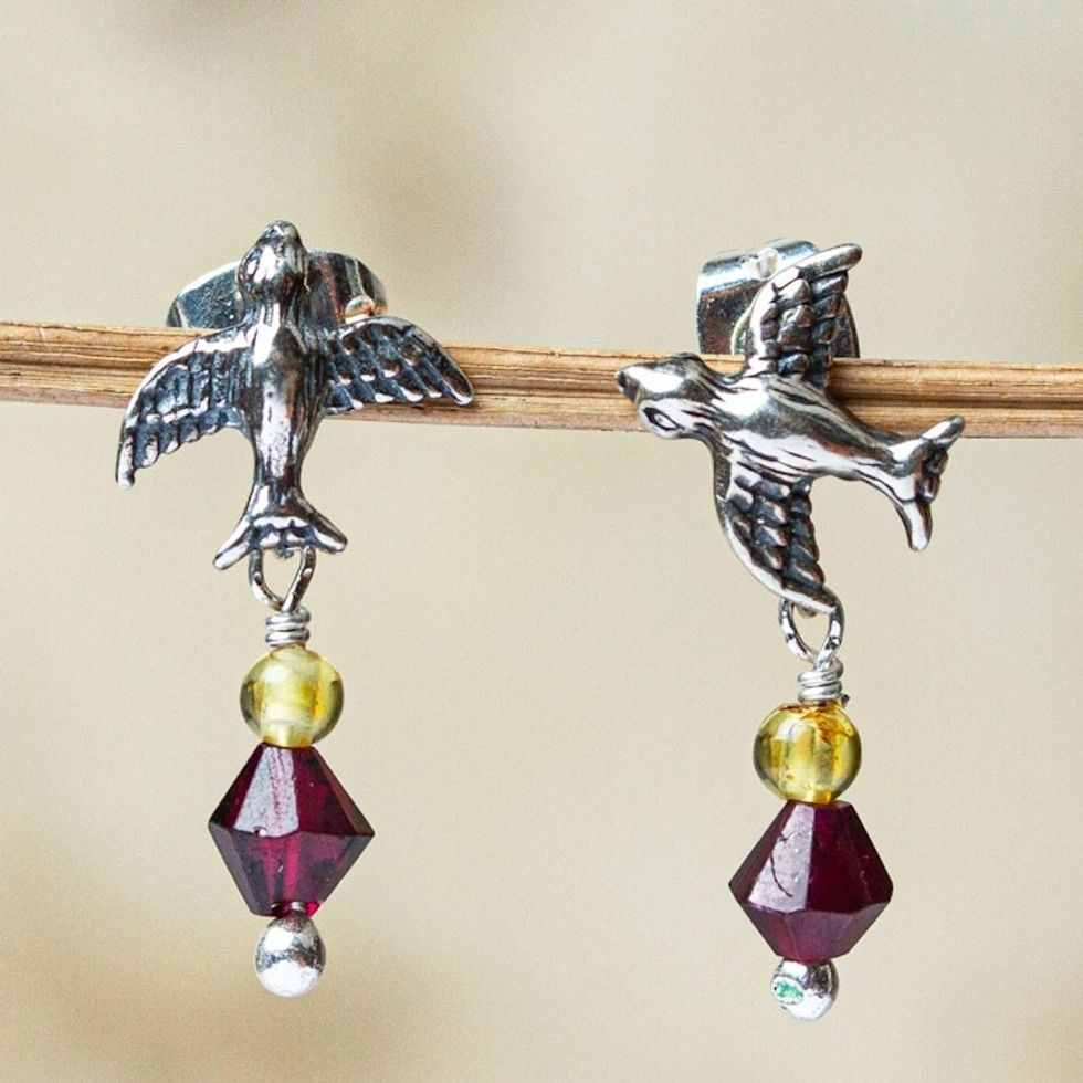 Bird Motif Garnet and Amber Earrings 'Swallow's Treasure'