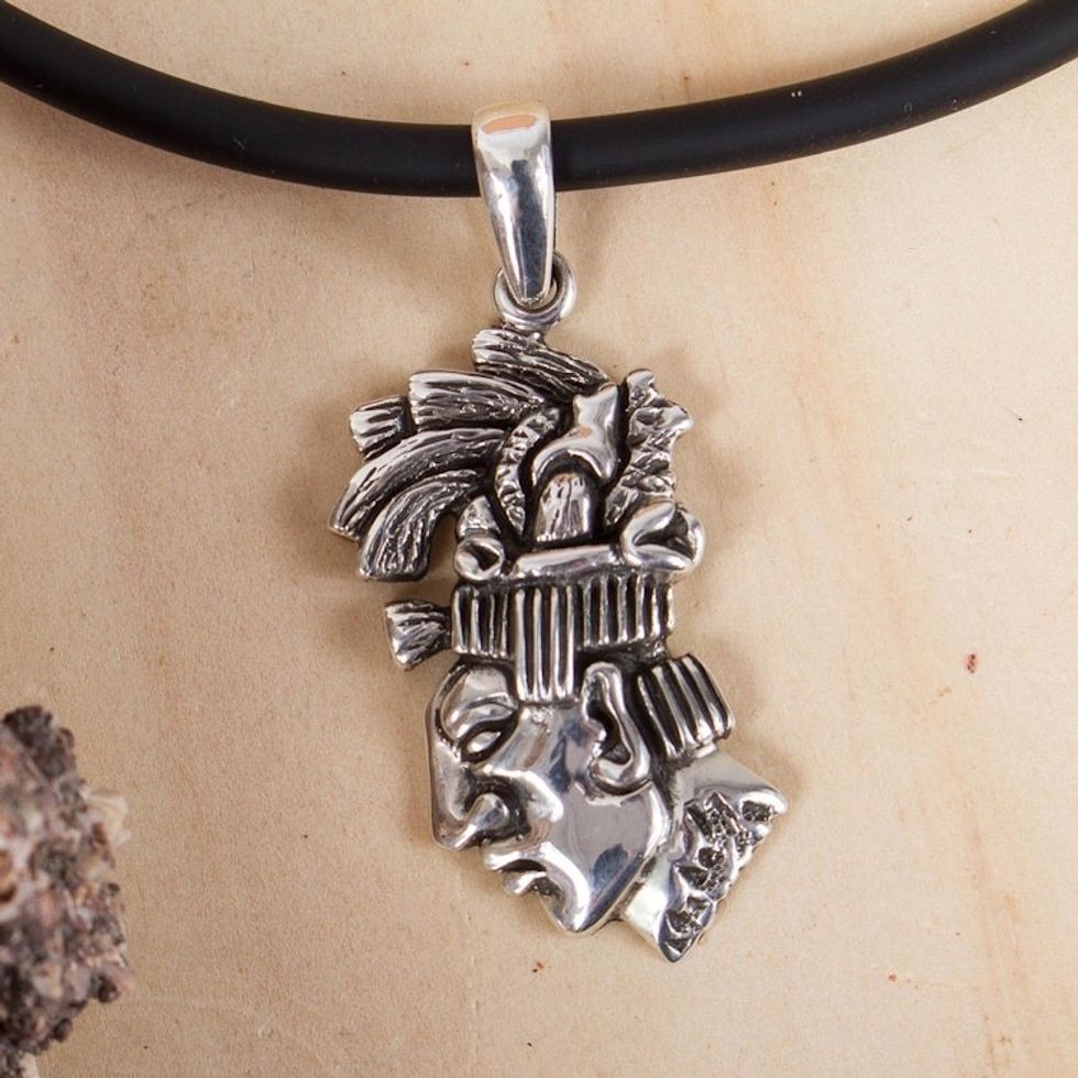 Men's Maya-Themed Taxco Sterling Silver Pendant Necklace 'Taxco Pacal'