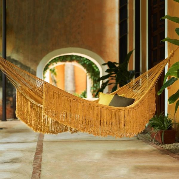 Alternate image for Fringed Amber Yellow Cotton Hammock from Mexico Double Amber Cascade