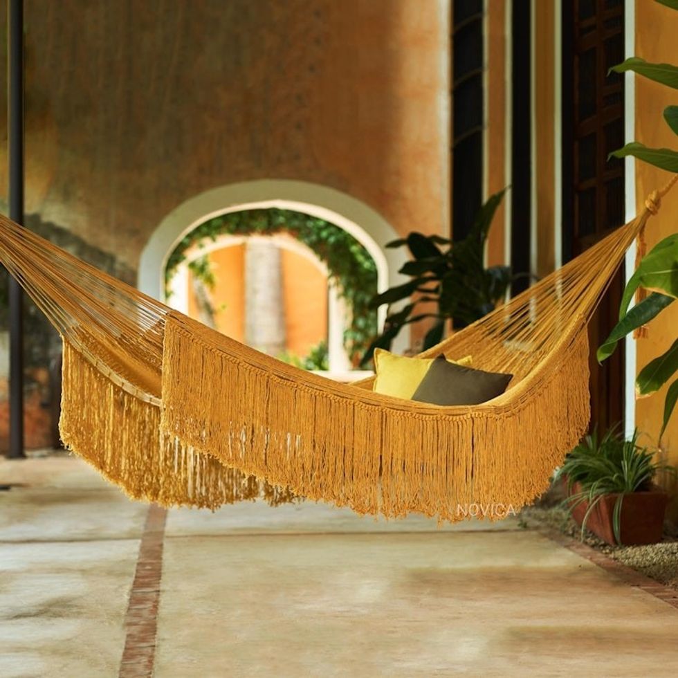 Fringed Amber Yellow Cotton Hammock from Mexico Double 'Amber Cascade'