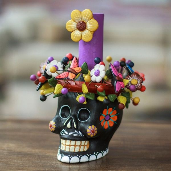 Alternate image for Black Floral Ceramic Skull Taper Candleholder Black Floral Skull