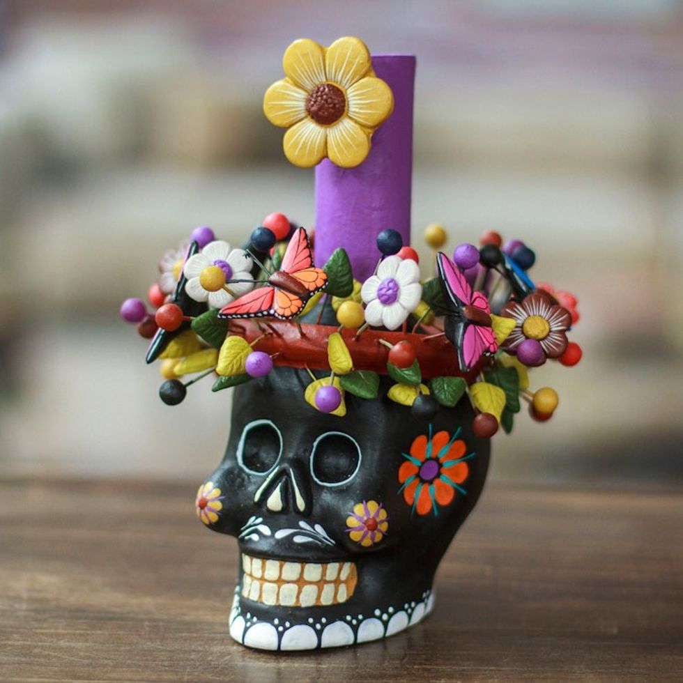 Black Floral Ceramic Skull Taper Candleholder 'Black Floral Skull'