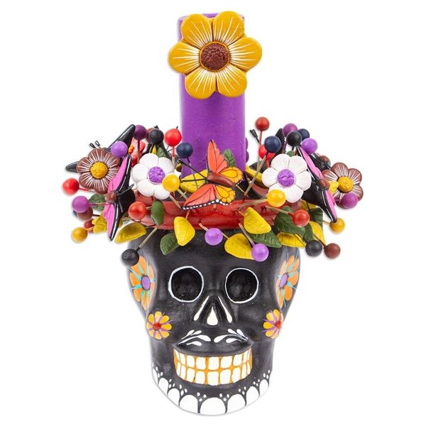 Alternate image for Black Floral Ceramic Skull Taper Candleholder Black Floral Skull