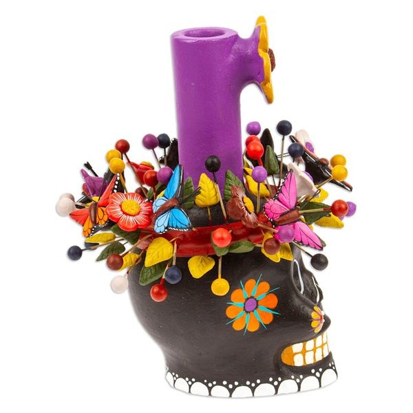 Alternate image for Black Floral Ceramic Skull Taper Candleholder Black Floral Skull
