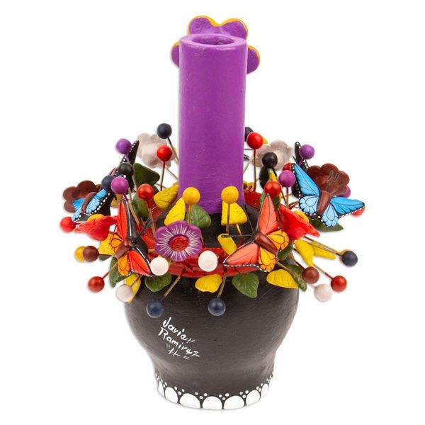 Alternate image for Black Floral Ceramic Skull Taper Candleholder Black Floral Skull
