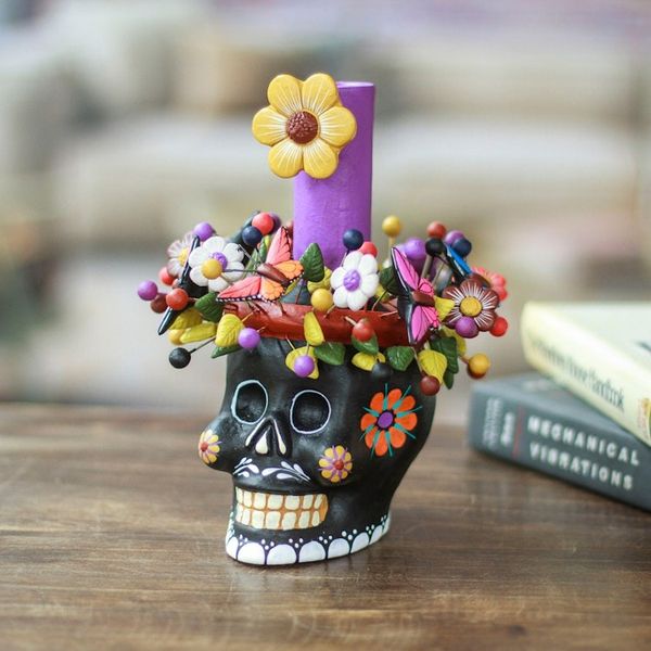 Alternate image for Black Floral Ceramic Skull Taper Candleholder Black Floral Skull