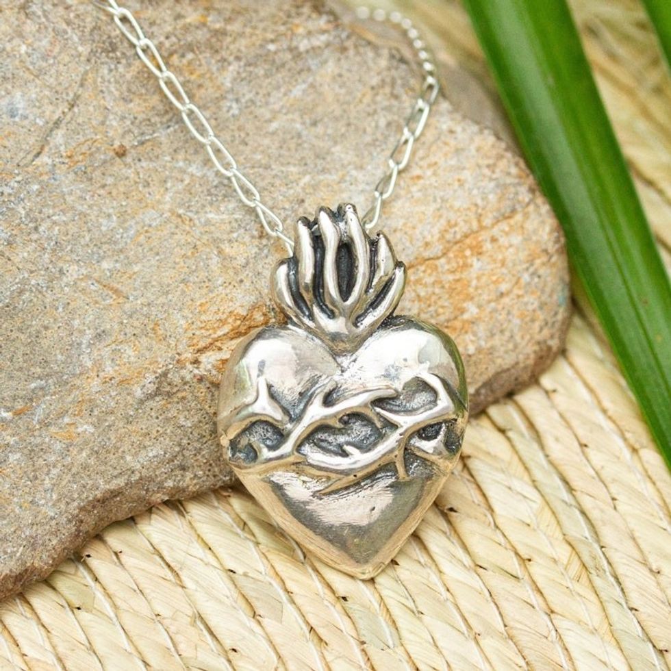 Heart of Jesus Sterling Silver Pendant Necklace from Mexico 'Blessed Heart'