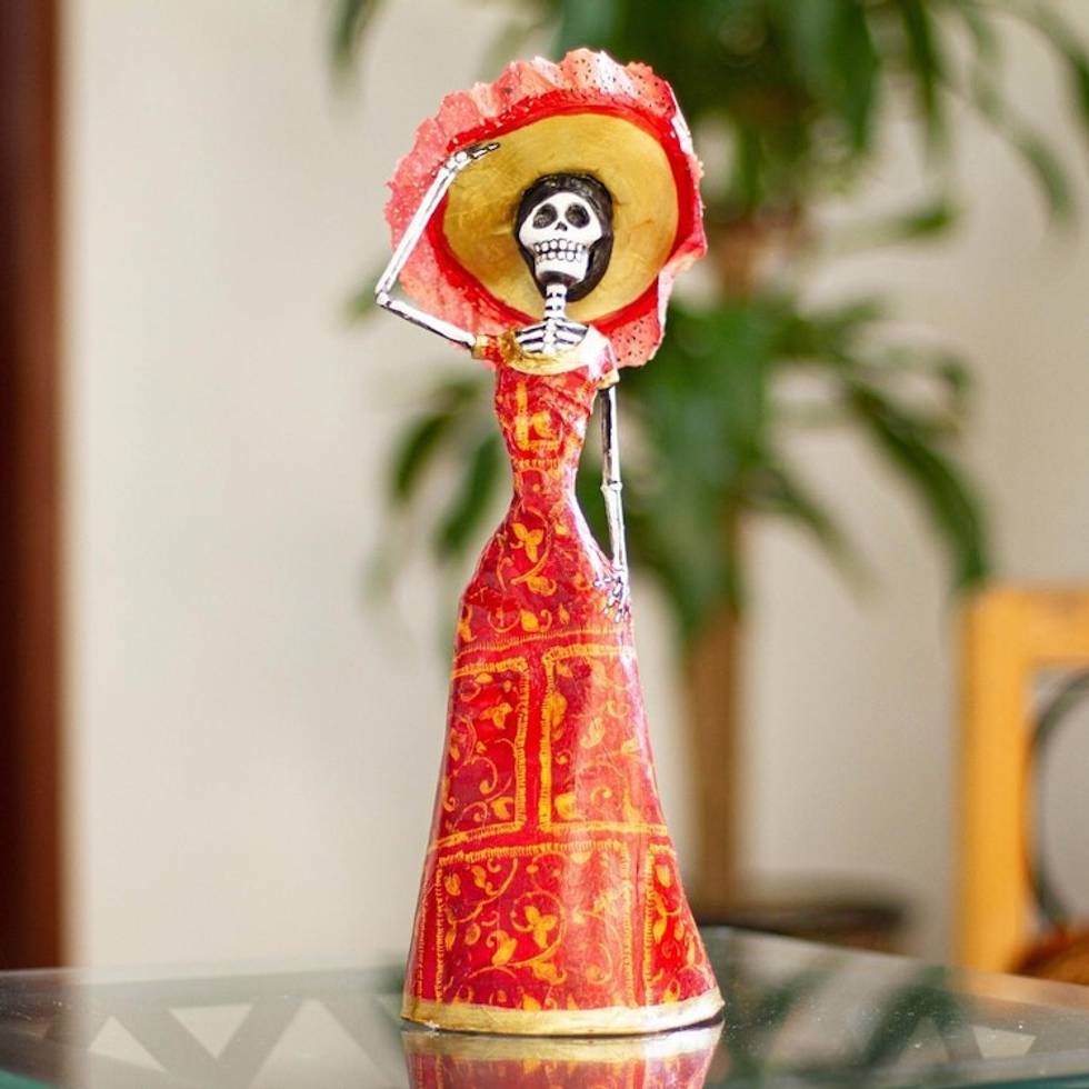 Hand Crafted Papier Mache Catrina Sculpture with Hat 'Catrina in Red'