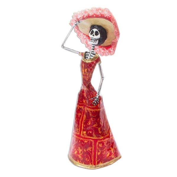 Alternate image for Hand Crafted Papier Mache Catrina Sculpture with Hat Catrina in Red