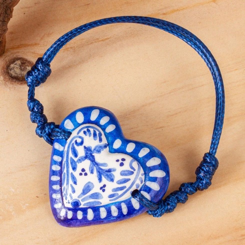 Blue White Talavera Style Papier Mache Heart Bracelet 'Talavera Heart'