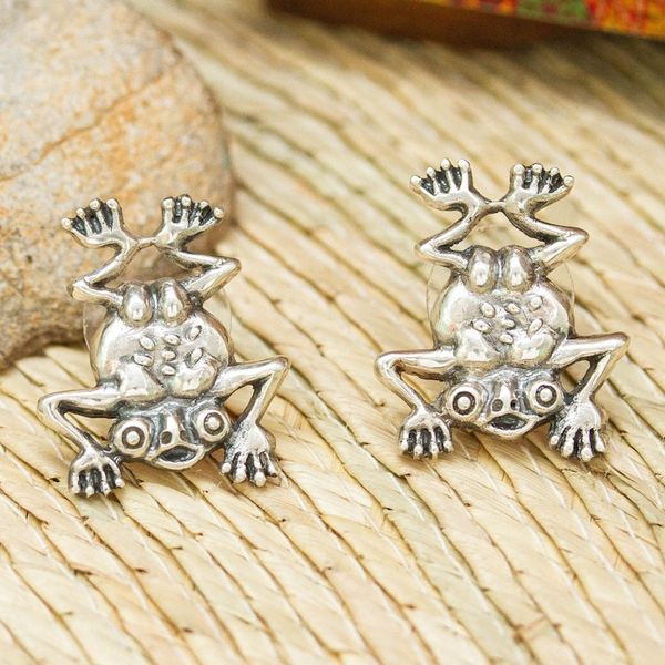 Alternate image for Ceneotl Frog Inspired Sterling Silver Button Earrings Ceneotl