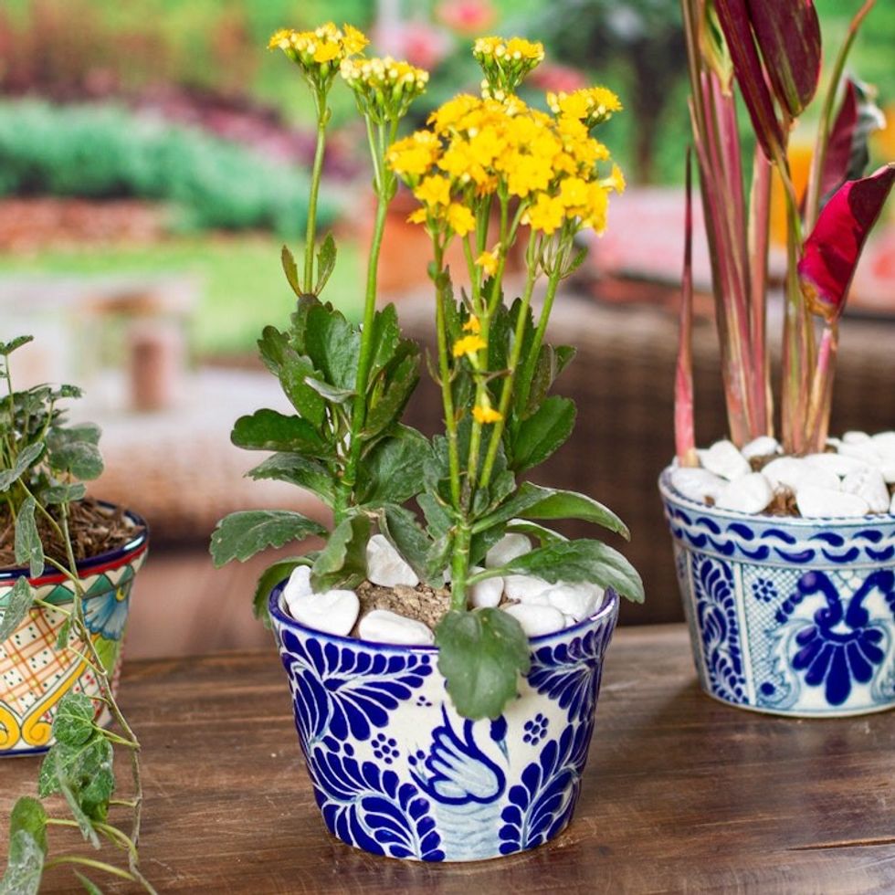 Handmade Talavera-Style Flower Pot 'Blue Swan'
