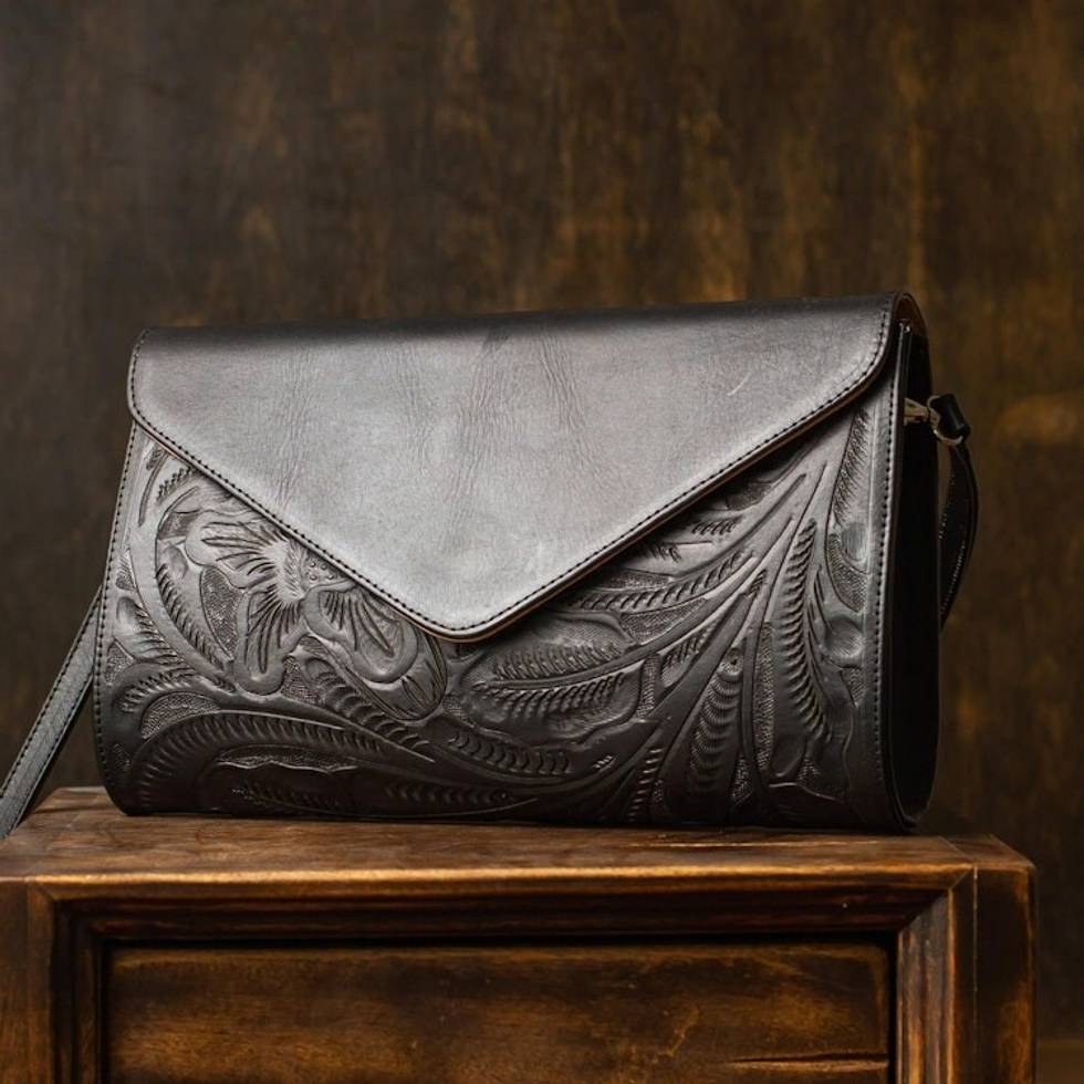 Ebony Black Leather Sling Bag with Embossed Floral Pattern 'Floral Ebony Tote'
