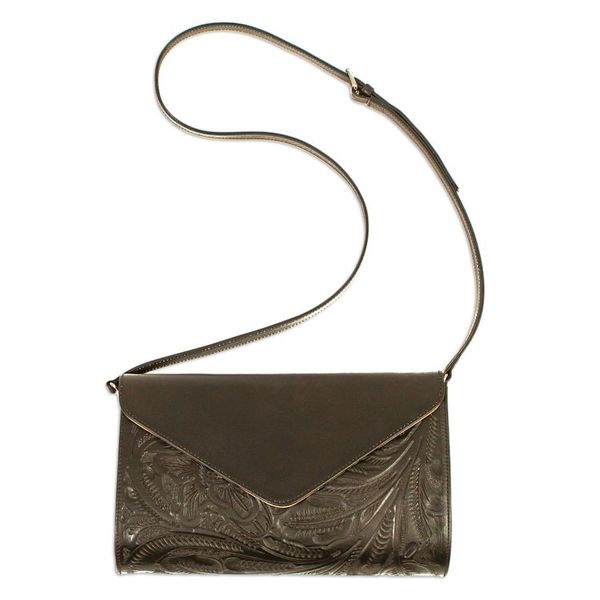 Alternate image for Ebony Black Leather Sling Bag with Embossed Floral Pattern Floral Ebony Tote