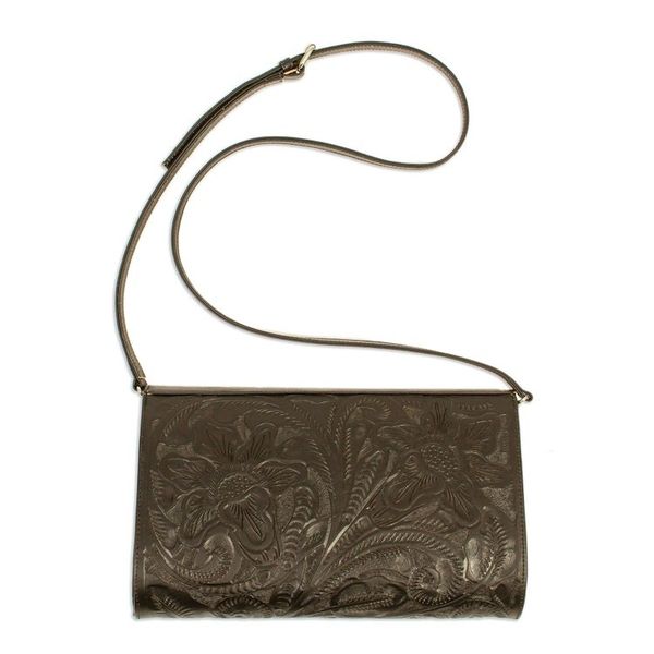 Alternate image for Ebony Black Leather Sling Bag with Embossed Floral Pattern Floral Ebony Tote