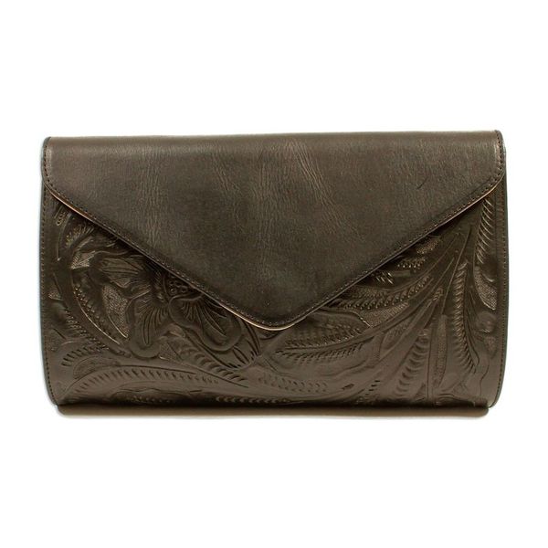 Alternate image for Ebony Black Leather Sling Bag with Embossed Floral Pattern Floral Ebony Tote