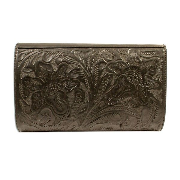 Alternate image for Ebony Black Leather Sling Bag with Embossed Floral Pattern Floral Ebony Tote