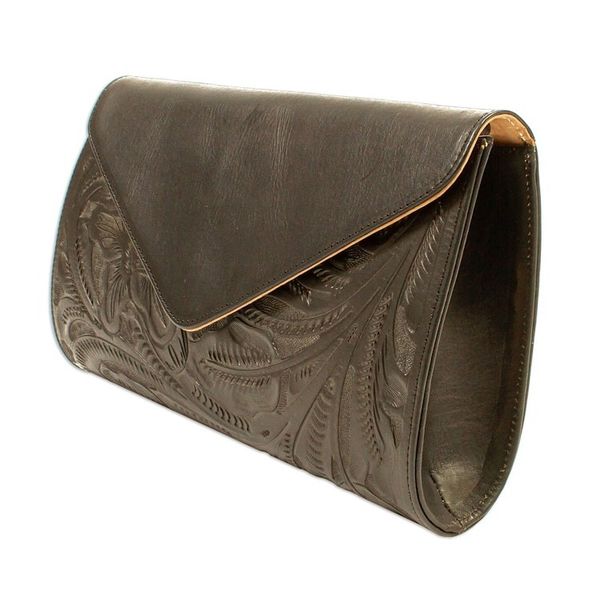 Alternate image for Ebony Black Leather Sling Bag with Embossed Floral Pattern Floral Ebony Tote