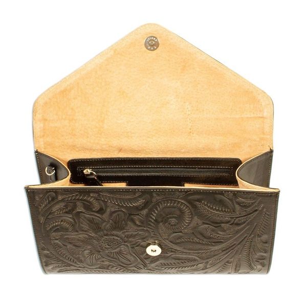 Alternate image for Ebony Black Leather Sling Bag with Embossed Floral Pattern Floral Ebony Tote