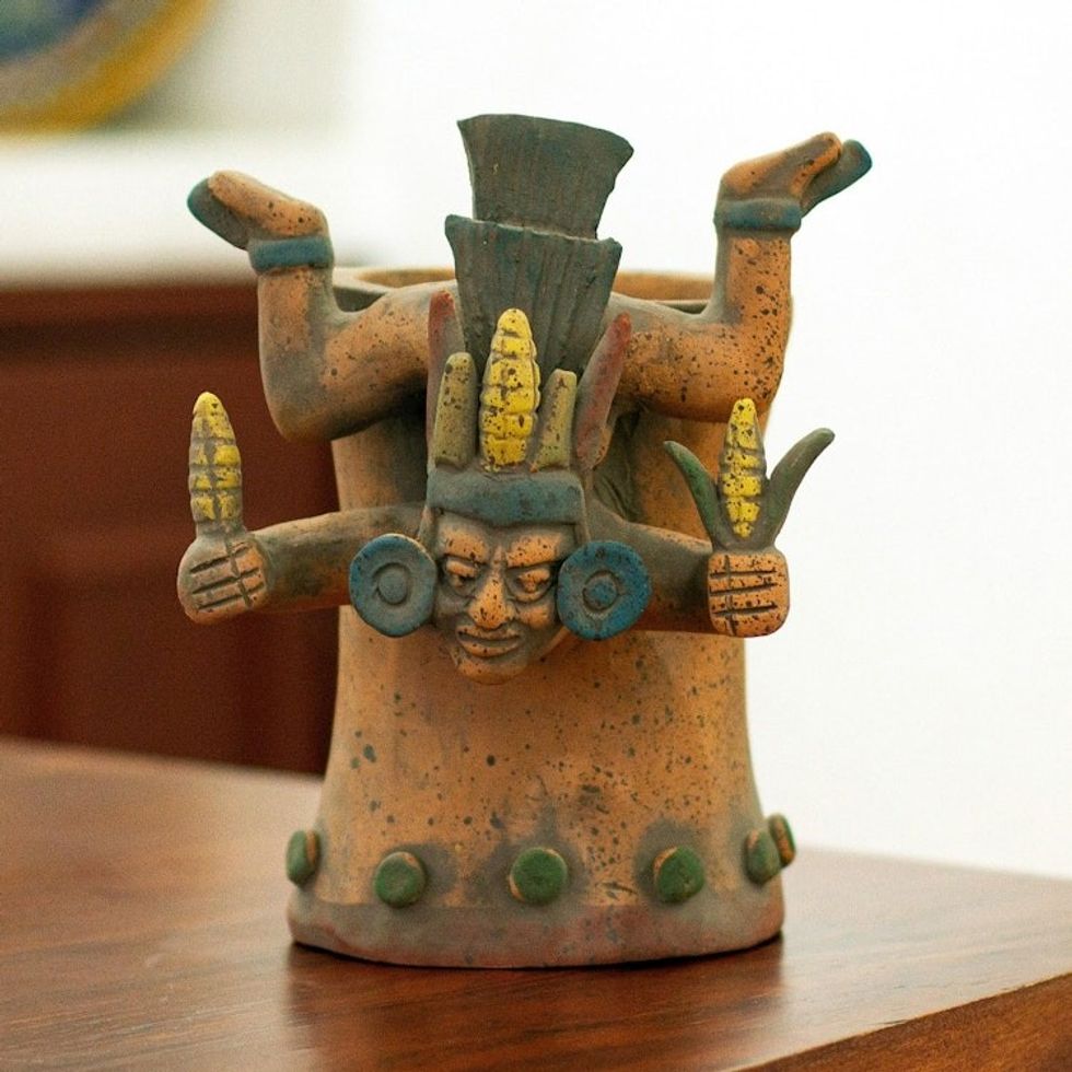Signed Ceramic Aztec God with Maize Replica Vessel 'Descending God with Corn'