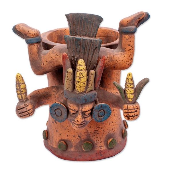 Alternate image for Signed Ceramic Aztec God with Maize Replica Vessel Descending God with Corn