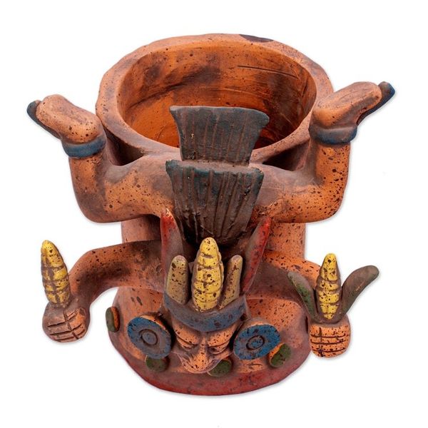 Alternate image for Signed Ceramic Aztec God with Maize Replica Vessel Descending God with Corn