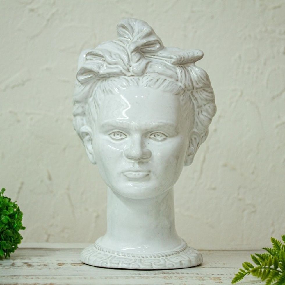 Mexico Signed Handcrafted White Ceramic Frida Kahlo Vase 'Portrait of Frida'
