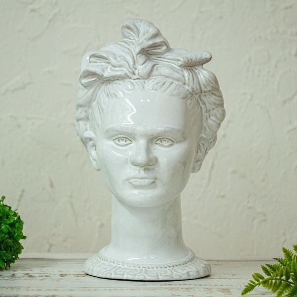 Alternate image for Mexico Signed Handcrafted White Ceramic Frida Kahlo Vase Portrait of Frida