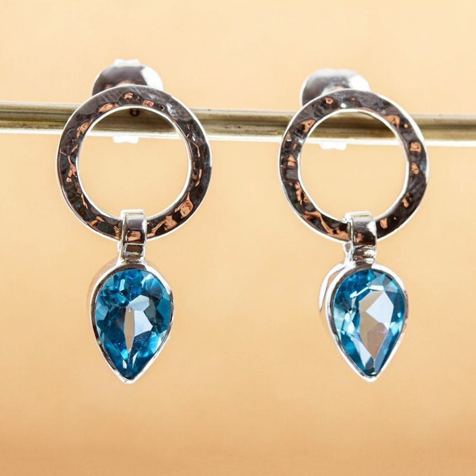 Hammered 950 Silver Blue Topaz Earrings 'Captive Sky'
