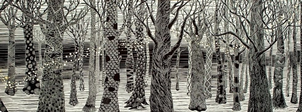 Black and White Forest Linocut Print with 10k Gold Leaf 'Volatile'