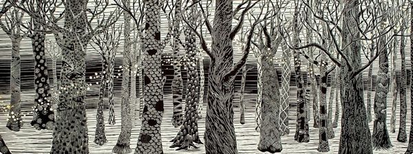 Alternate image for Black and White Forest Linocut Print with 10k Gold Leaf Volatile