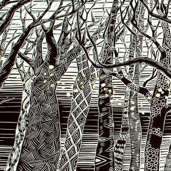 Alternate image for Black and White Forest Linocut Print with 10k Gold Leaf Volatile