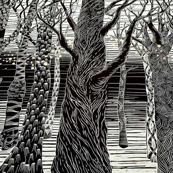 Alternate image for Black and White Forest Linocut Print with 10k Gold Leaf Volatile