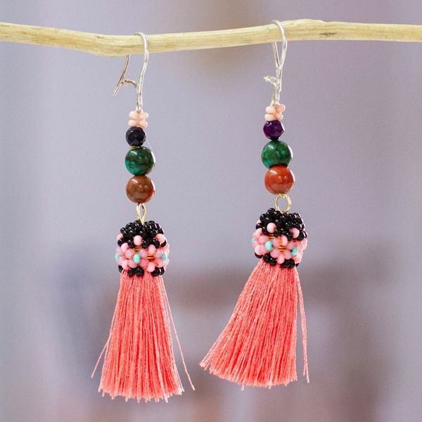 Alternate image for Handcrafted Agate Jasper Chrysocolla Pink Tassel Earrings Playful Pink