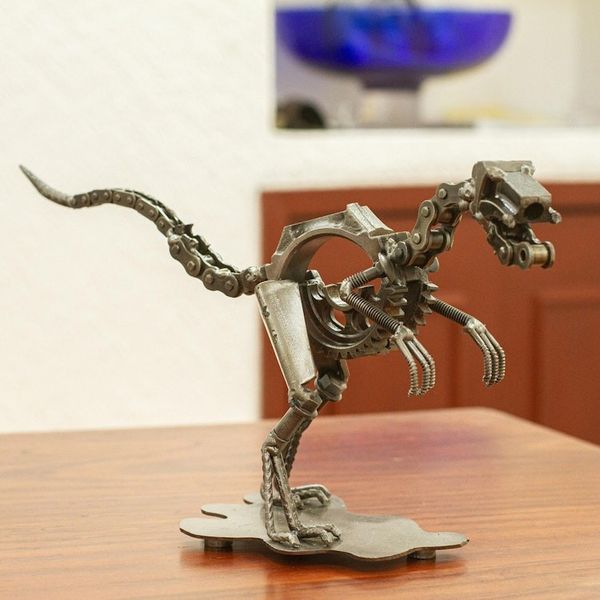 Alternate image for Velociraptor Dinosaur Recycled Metal Sculpture Rustic Velociraptor