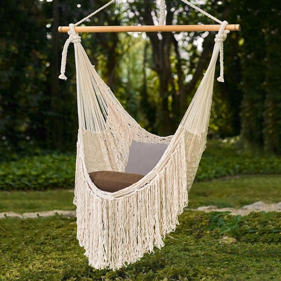 Ivory Fringed Cotton Rope Mayan Hammock Swing from Mexico 'Sea Breezes in Ivory'