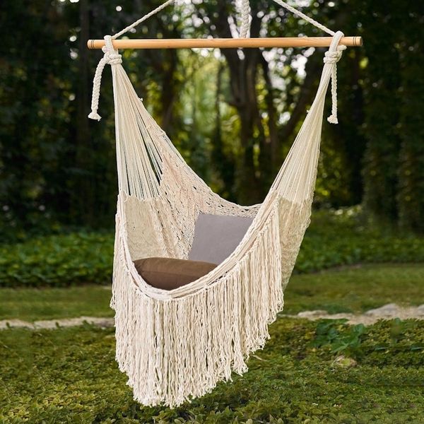 Alternate image for Ivory Fringed Cotton Rope Mayan Hammock Swing from Mexico Sea Breezes in Ivory
