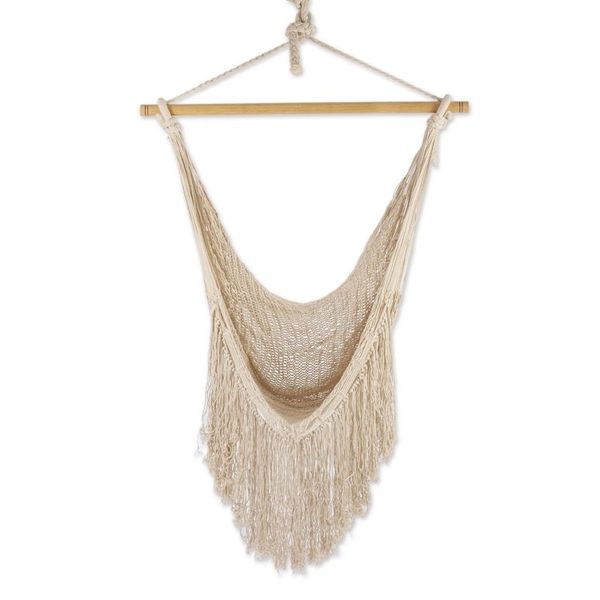 Alternate image for Ivory Fringed Cotton Rope Mayan Hammock Swing from Mexico Sea Breezes in Ivory