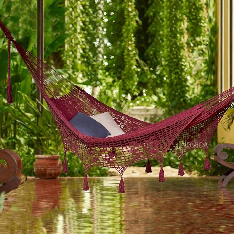 Burgundy Tasseled Cotton Hammock Triple from Mexico 'Veranda in Bordeaux'