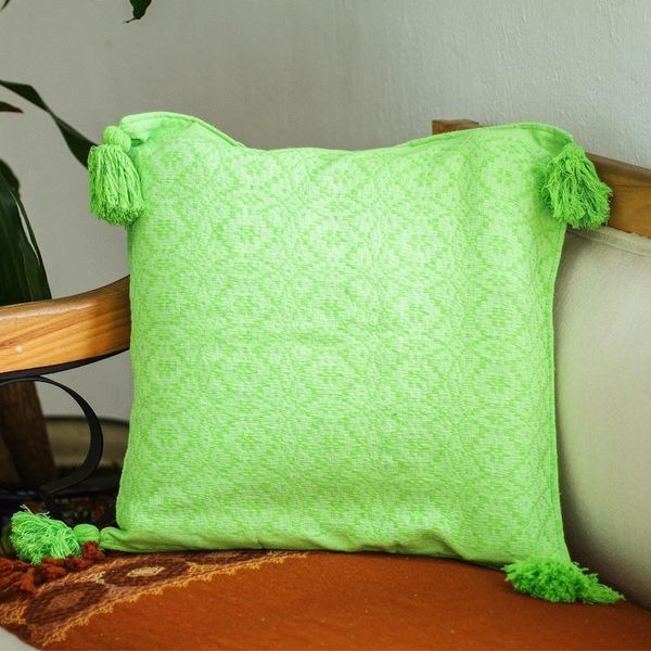 Alternate image for Bright Green Hand Woven Cotton Cushion Cover Oaxaca Diamonds in Lime