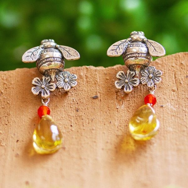 Alternate image for Bee-Themed Amber Dangle Earrings from Mexico Golden Bees