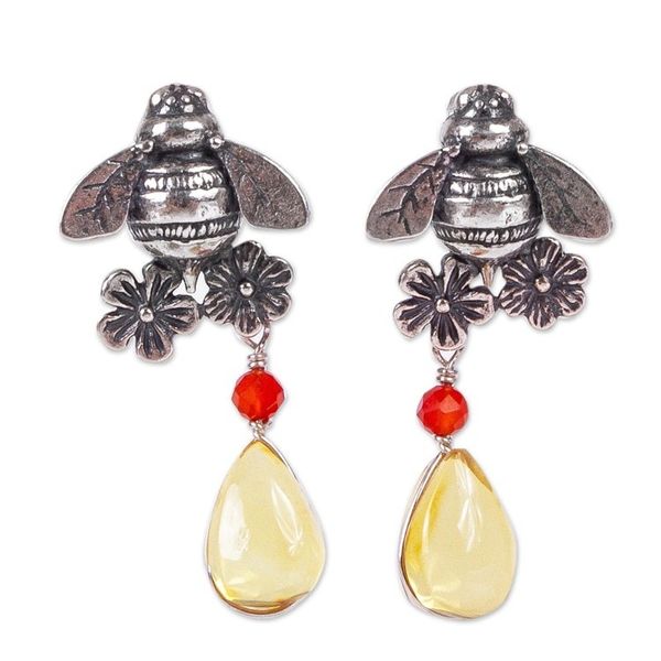 Alternate image for Bee-Themed Amber Dangle Earrings from Mexico Golden Bees