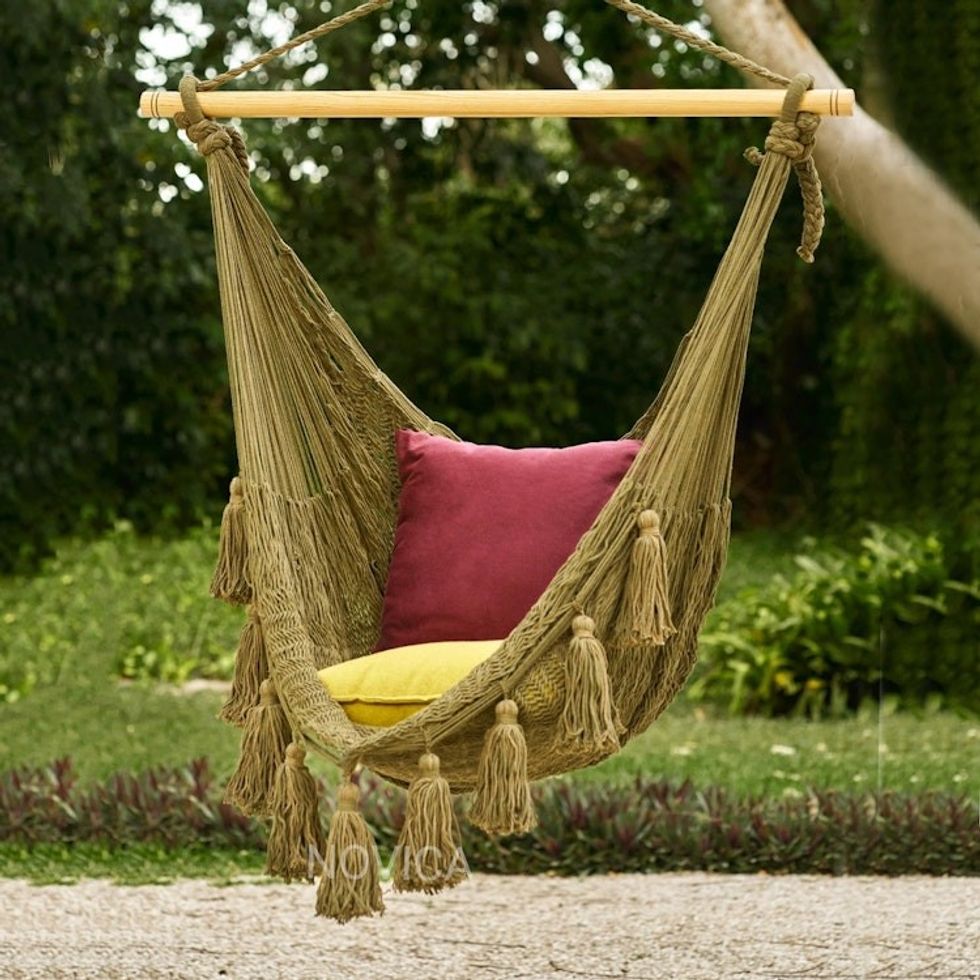 Tasseled Cotton Rope Mayan Hammock Swing from Mexico 'Ocean Seat in Olive Green'