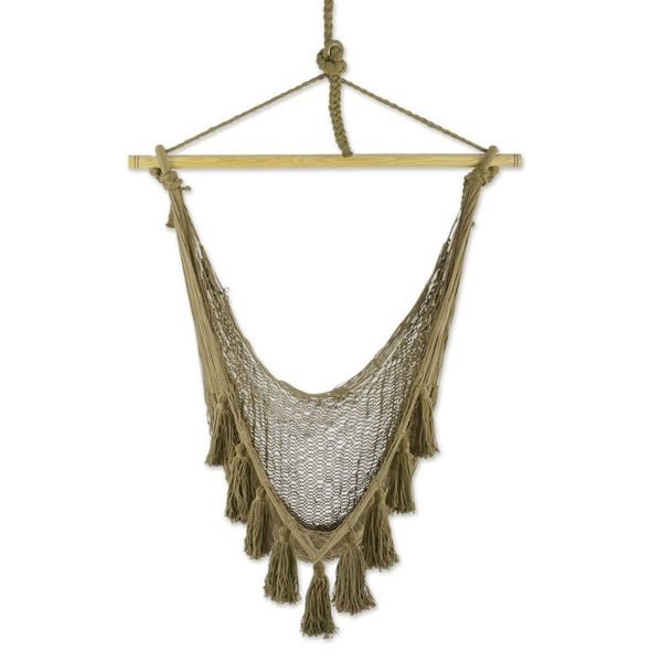 Alternate image for Tasseled Cotton Rope Mayan Hammock Swing from Mexico Ocean Seat in Olive Green